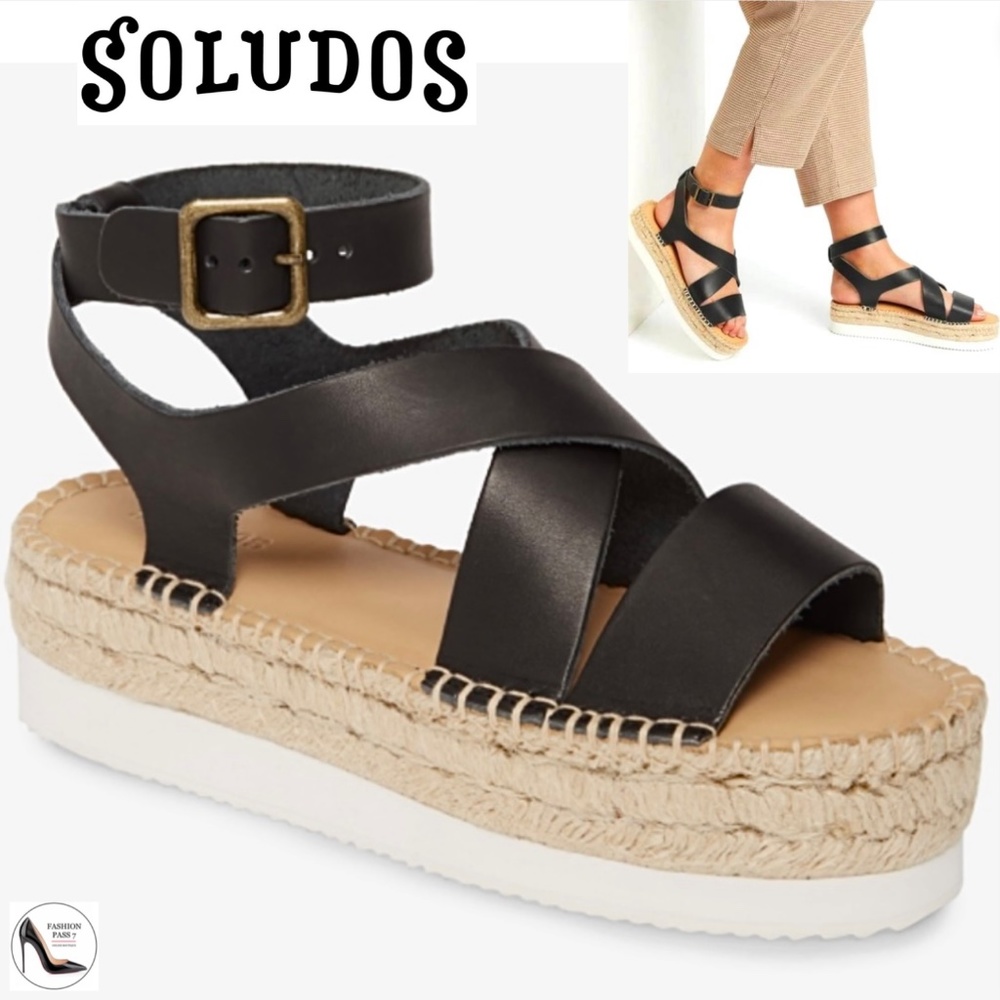 •Soludos Black Leather Espadrille Platform Sandals•